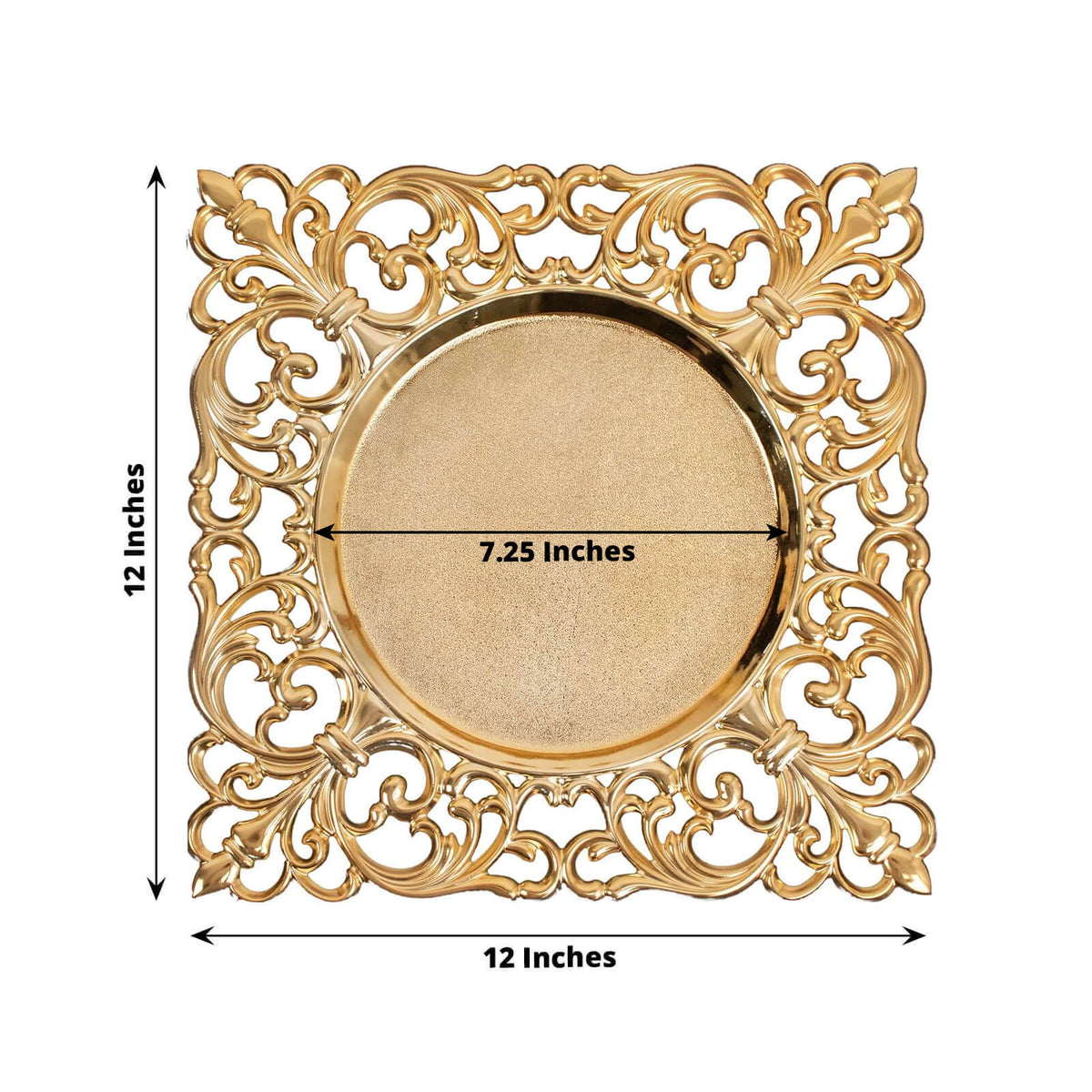 6-Pack Acrylic Charger Plates 12" Square Gold with Hollow Lace Border - Event Tabletop Decorative Charger Tableware