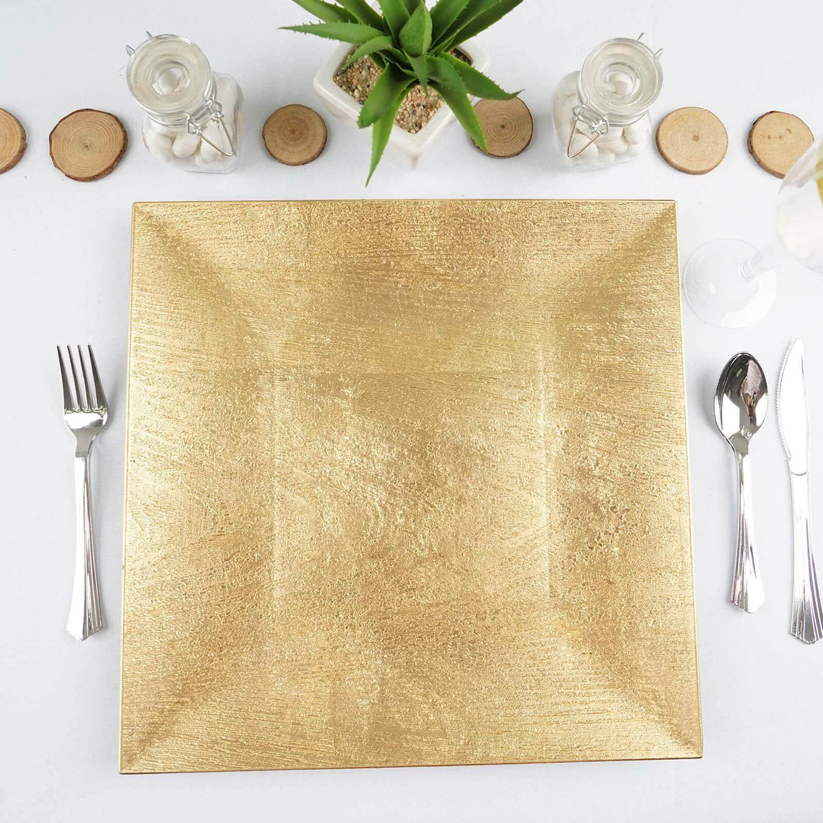6-Pack Acrylic Charger Plates 12" Square Gold with Embossed Wood Grain - Boho Chic Dinner Party Decor Charger Tableware